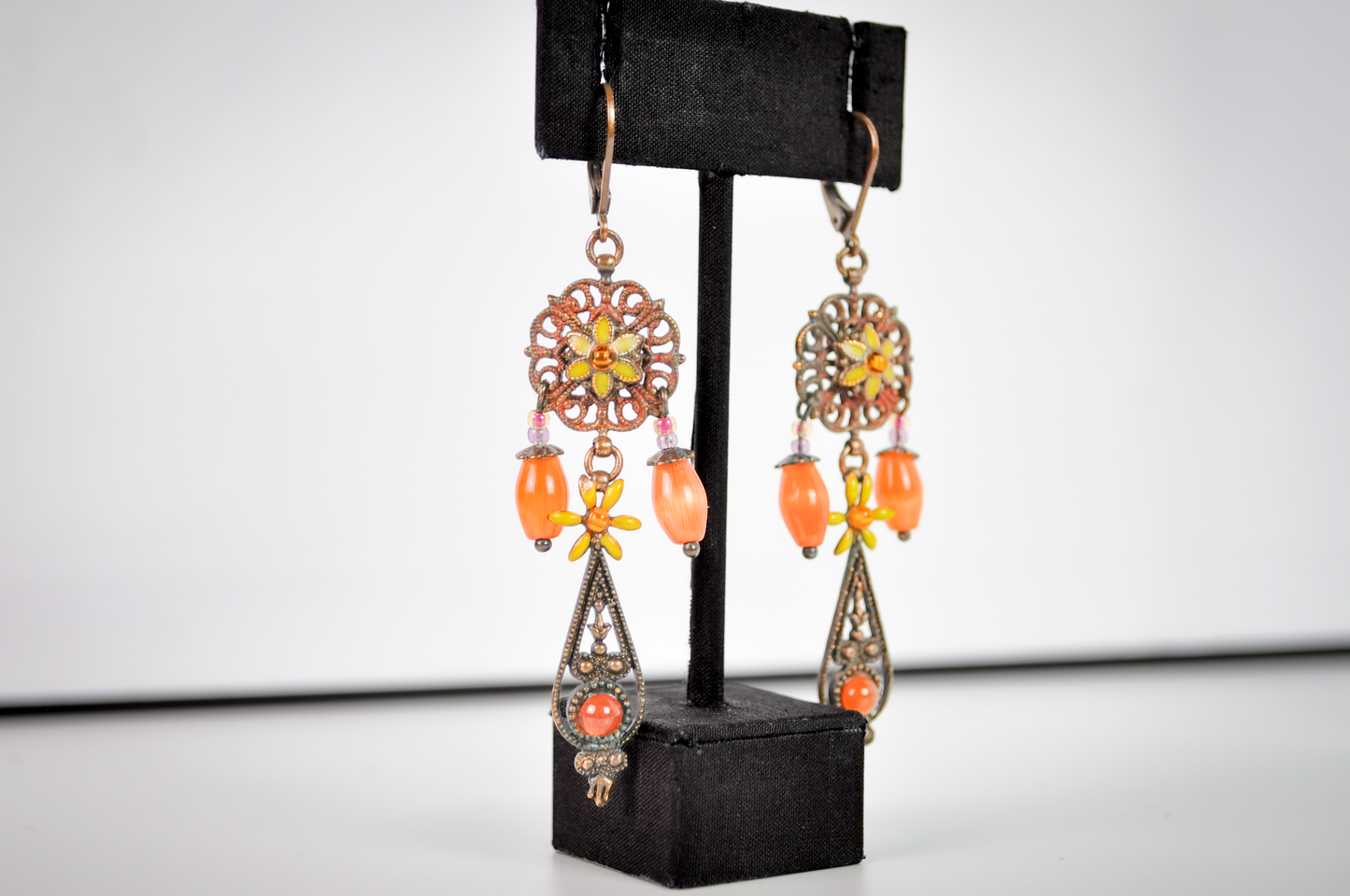 Copper Floral Orange & Yellow Dangles Earrings - Glass Orange Beaded Earrings Autumn Statement Jewelry