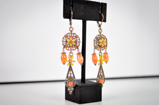 Copper Floral Orange & Yellow Dangles Earrings - Glass Orange Beaded Earrings Autumn Statement Jewelry