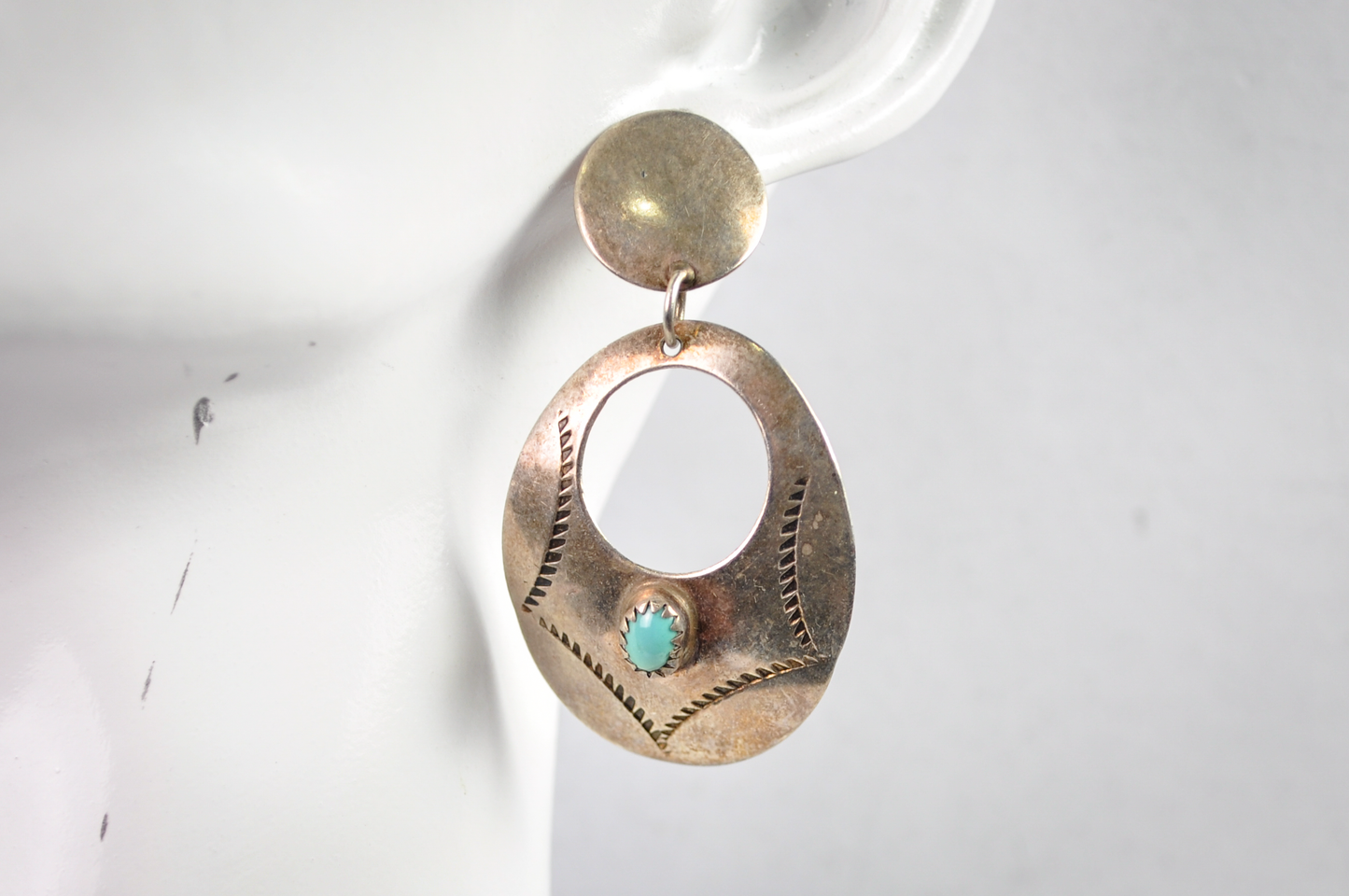 Vintage Sterling Stamped Turquoise Native Disc Earrings - Turquoise Sterling Silver Native American Statement Earrings
