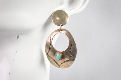 Vintage Sterling Stamped Turquoise Native Disc Earrings - Turquoise Sterling Silver Native American Statement Earrings