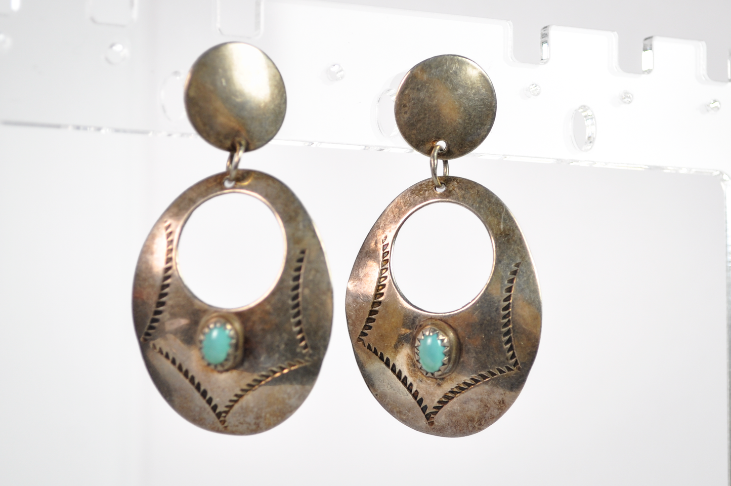 Vintage Sterling Stamped Turquoise Native Disc Earrings - Turquoise Sterling Silver Native American Statement Earrings
