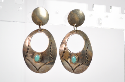 Vintage Sterling Stamped Turquoise Native Disc Earrings - Turquoise Sterling Silver Native American Statement Earrings