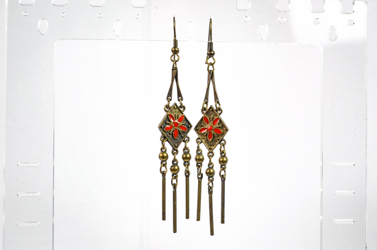Vintage Bronze Earrings with Red Floral Inlay - Bohemian Bronze Tassel Earrings with Red Enamel