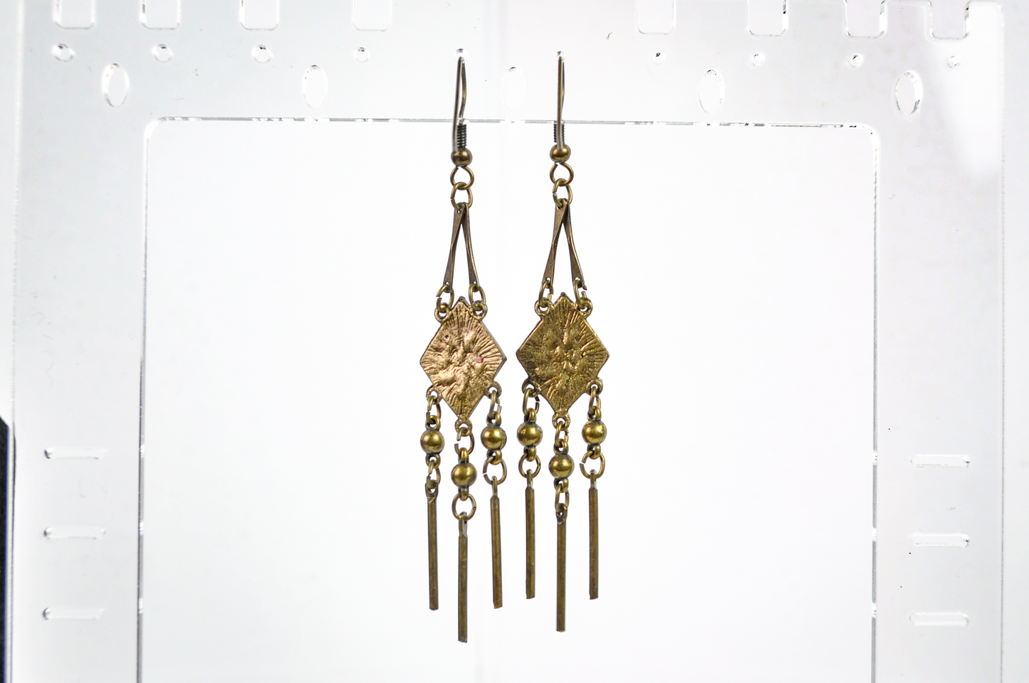 Vintage Bronze Earrings with Red Floral Inlay - Bohemian Bronze Tassel Earrings with Red Enamel