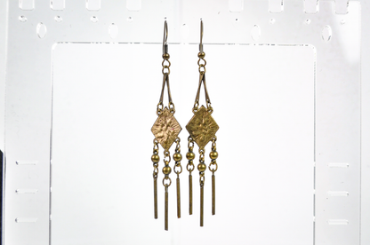 Vintage Bronze Earrings with Red Floral Inlay - Bohemian Bronze Tassel Earrings with Red Enamel