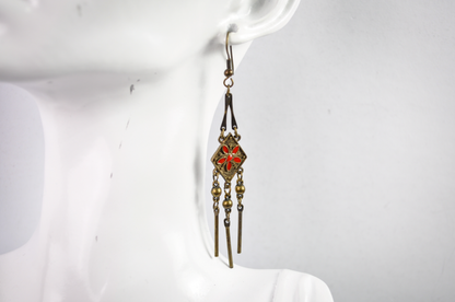 Vintage Bronze Earrings with Red Floral Inlay - Bohemian Bronze Tassel Earrings with Red Enamel