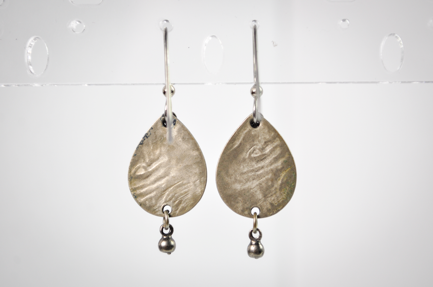 Antiqued Silver Finish with Shifting Blue-Green Centerpiece Stone - Geometric Teardrop Earrings Mystical Color Shifting Accent Stone