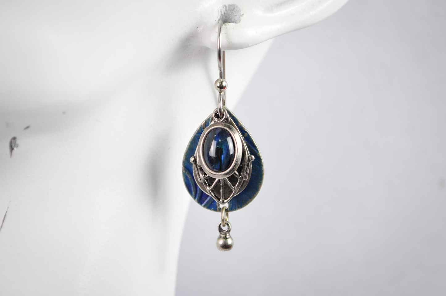 Antiqued Silver Finish with Shifting Blue-Green Centerpiece Stone - Geometric Teardrop Earrings Mystical Color Shifting Accent Stone