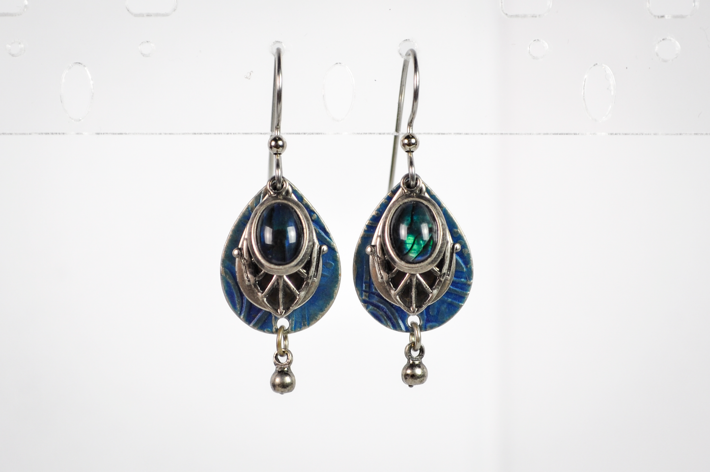 Antiqued Silver Finish with Shifting Blue-Green Centerpiece Stone - Geometric Teardrop Earrings Mystical Color Shifting Accent Stone