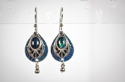 Antiqued Silver Finish with Shifting Blue-Green Centerpiece Stone - Geometric Teardrop Earrings Mystical Color Shifting Accent Stone
