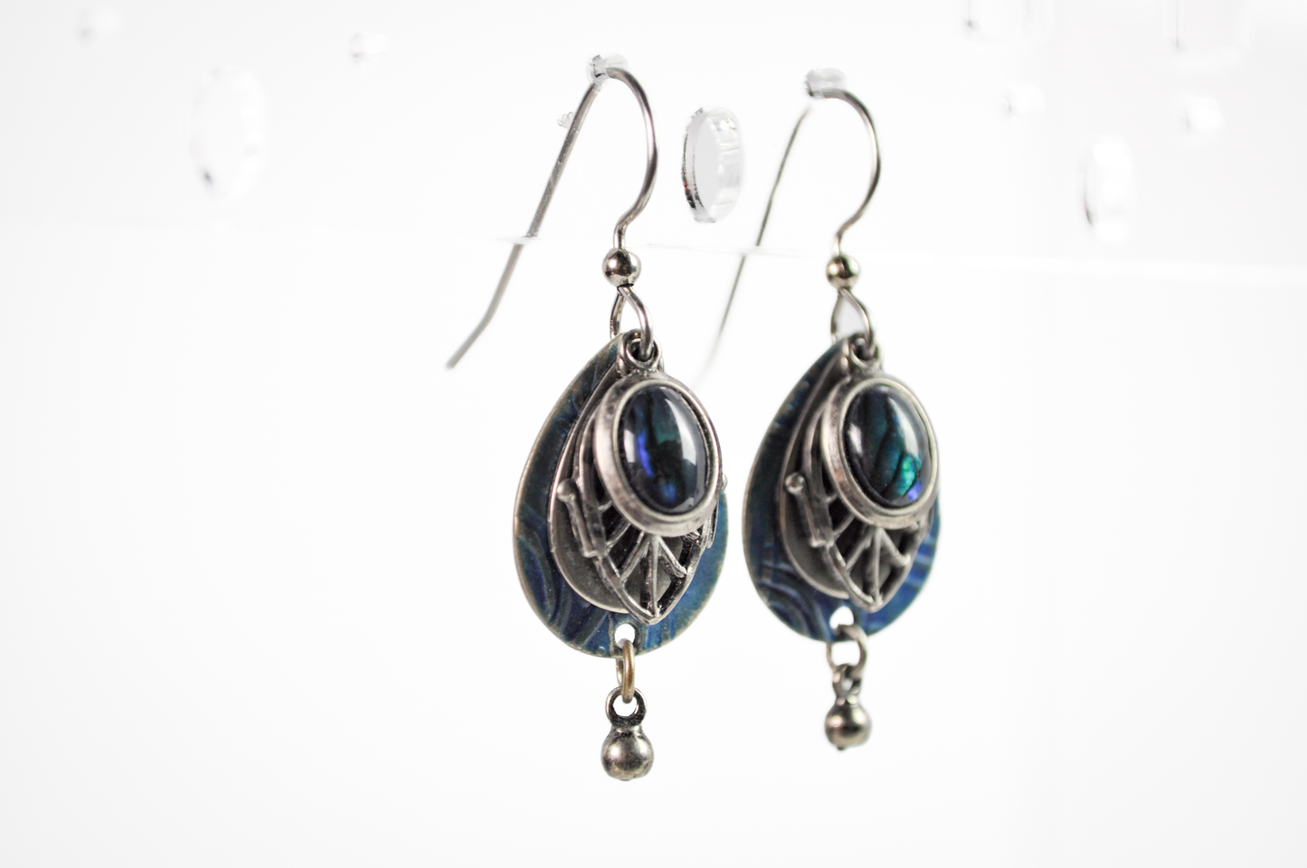 Antiqued Silver Finish with Shifting Blue-Green Centerpiece Stone - Geometric Teardrop Earrings Mystical Color Shifting Accent Stone