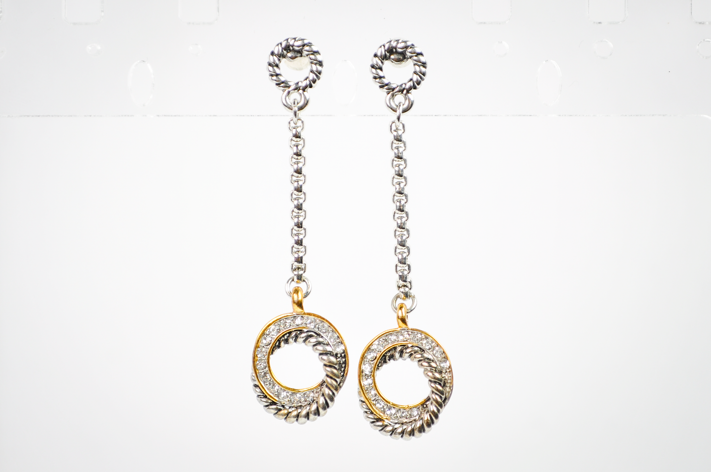 Mixed Metal Twisted Cable and Crystal Ring Dangle Earrings - Twisted Rope Circle Statement Dangles