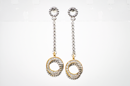Mixed Metal Twisted Cable and Crystal Ring Dangle Earrings - Twisted Rope Circle Statement Dangles