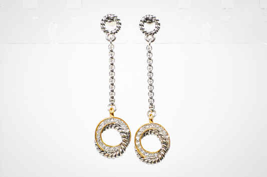 Mixed Metal Twisted Cable and Crystal Ring Dangle Earrings - Twisted Rope Circle Statement Dangles