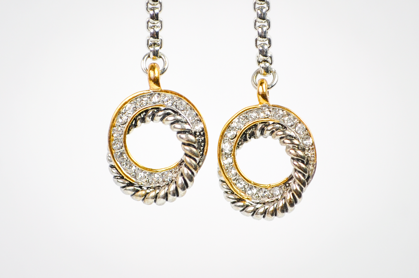 Mixed Metal Twisted Cable and Crystal Ring Dangle Earrings - Twisted Rope Circle Statement Dangles