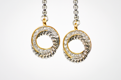 Mixed Metal Twisted Cable and Crystal Ring Dangle Earrings - Twisted Rope Circle Statement Dangles