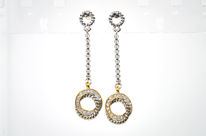 Mixed Metal Twisted Cable and Crystal Ring Dangle Earrings - Twisted Rope Circle Statement Dangles