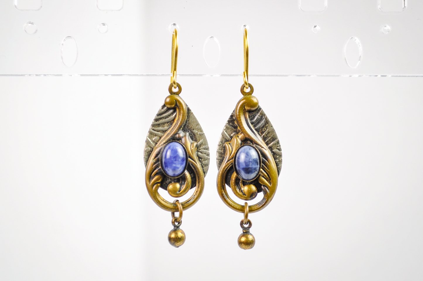 Celestial Antique Brass Blue Stone Dangle Earrings - Art Nouveau Bronze Teardrop Dangle Earrings