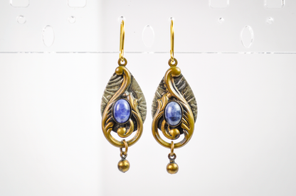 Celestial Antique Brass Blue Stone Dangle Earrings - Art Nouveau Bronze Teardrop Dangle Earrings