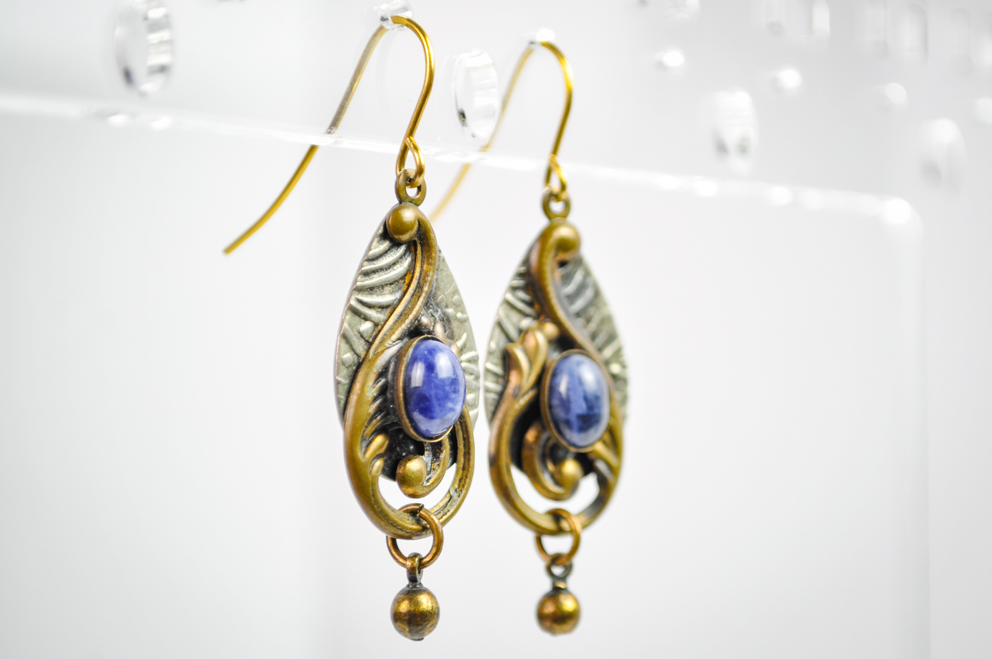 Celestial Antique Brass Blue Stone Dangle Earrings - Art Nouveau Bronze Teardrop Dangle Earrings