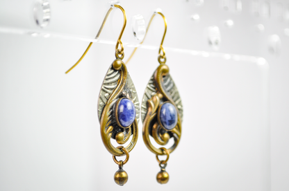 Celestial Antique Brass Blue Stone Dangle Earrings - Art Nouveau Bronze Teardrop Dangle Earrings