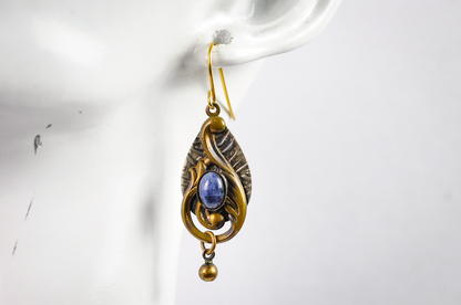 Celestial Antique Brass Blue Stone Dangle Earrings - Art Nouveau Bronze Teardrop Dangle Earrings