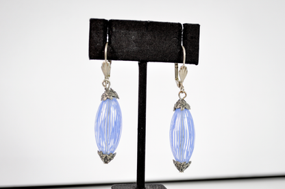 Murano Glass Oval Dangle Earrings Baby Blue and Clear Striped - Baby Blue Striped Glass Drop Earrings