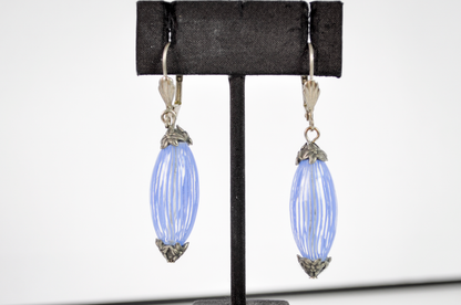 Murano Glass Oval Dangle Earrings Baby Blue and Clear Striped - Baby Blue Striped Glass Drop Earrings