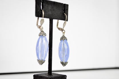 Murano Glass Oval Dangle Earrings Baby Blue and Clear Striped - Baby Blue Striped Glass Drop Earrings