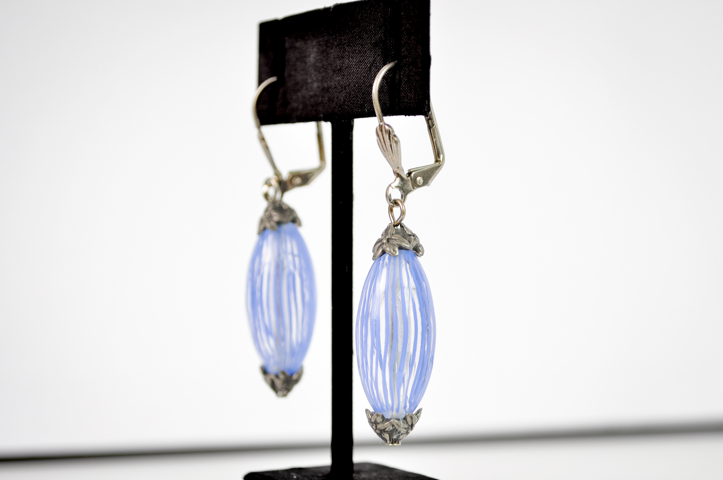 Murano Glass Oval Dangle Earrings Baby Blue and Clear Striped - Baby Blue Striped Glass Drop Earrings