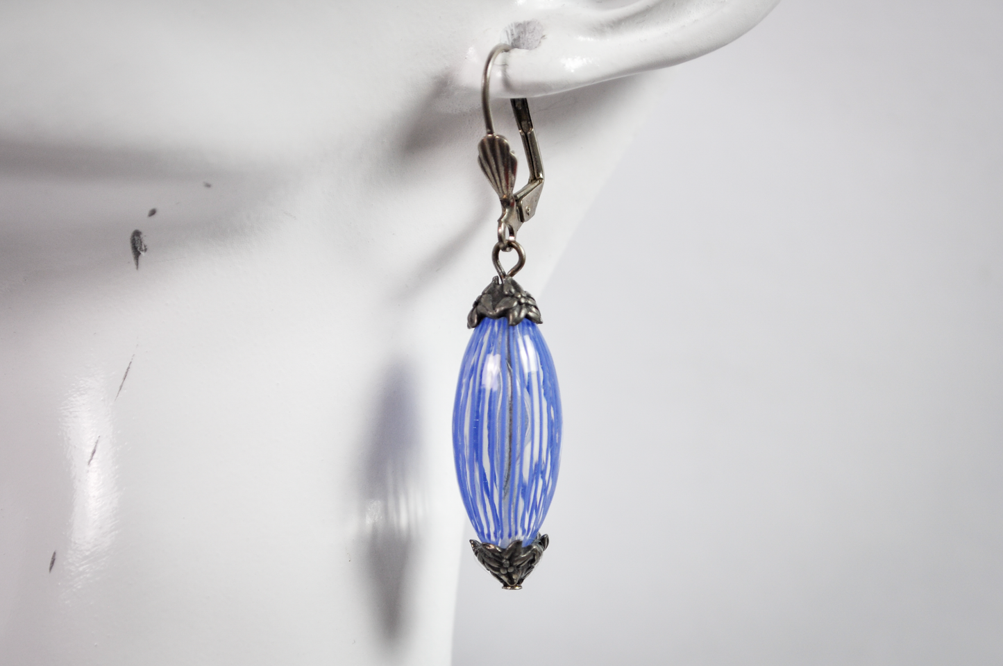 Murano Glass Oval Dangle Earrings Baby Blue and Clear Striped - Baby Blue Striped Glass Drop Earrings