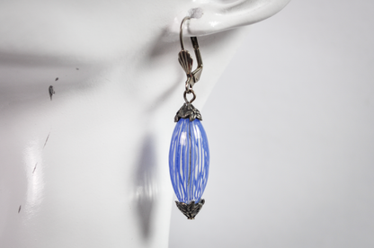 Murano Glass Oval Dangle Earrings Baby Blue and Clear Striped - Baby Blue Striped Glass Drop Earrings