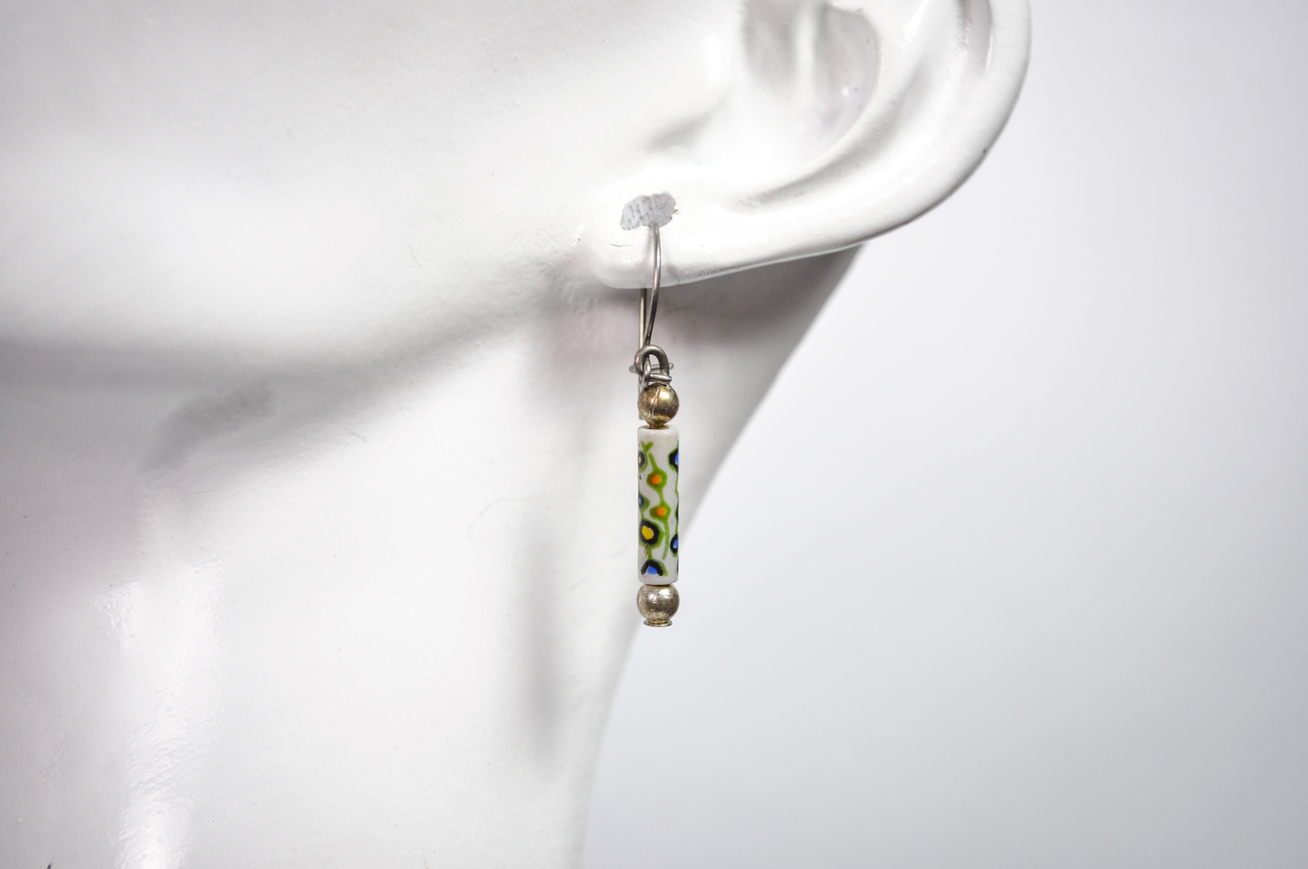Antique Tube Bead Drop Earrings with Colorful Dotted Details - Colorful Dotted Bead Drop Earrings