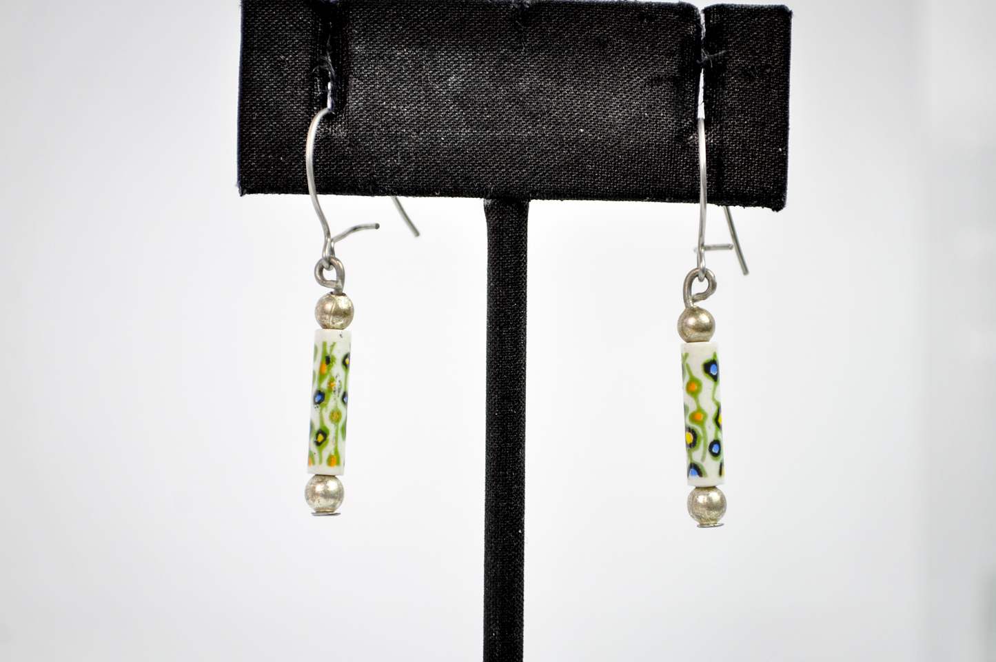 Antique Tube Bead Drop Earrings with Colorful Dotted Details - Colorful Dotted Bead Drop Earrings