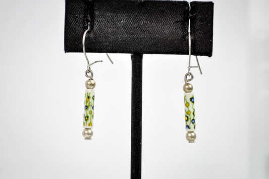 Antique Tube Bead Drop Earrings with Colorful Dotted Details - Colorful Dotted Bead Drop Earrings