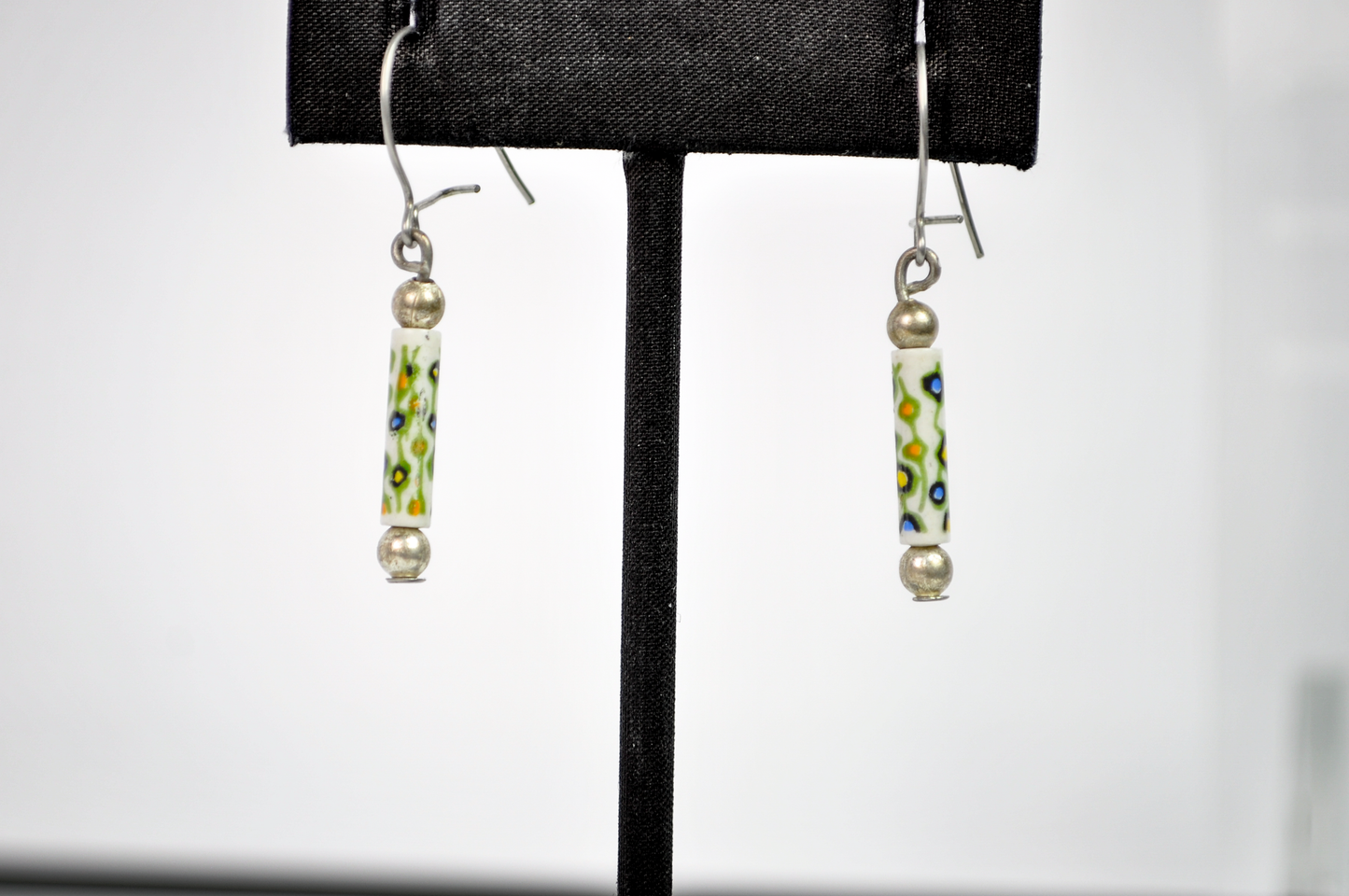 Antique Tube Bead Drop Earrings with Colorful Dotted Details - Colorful Dotted Bead Drop Earrings