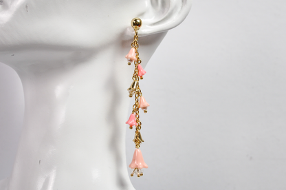 Cascading Floral Bell Drop Gold-Toned Earrings - Pink Bell Drop Long Dangle Earrings
