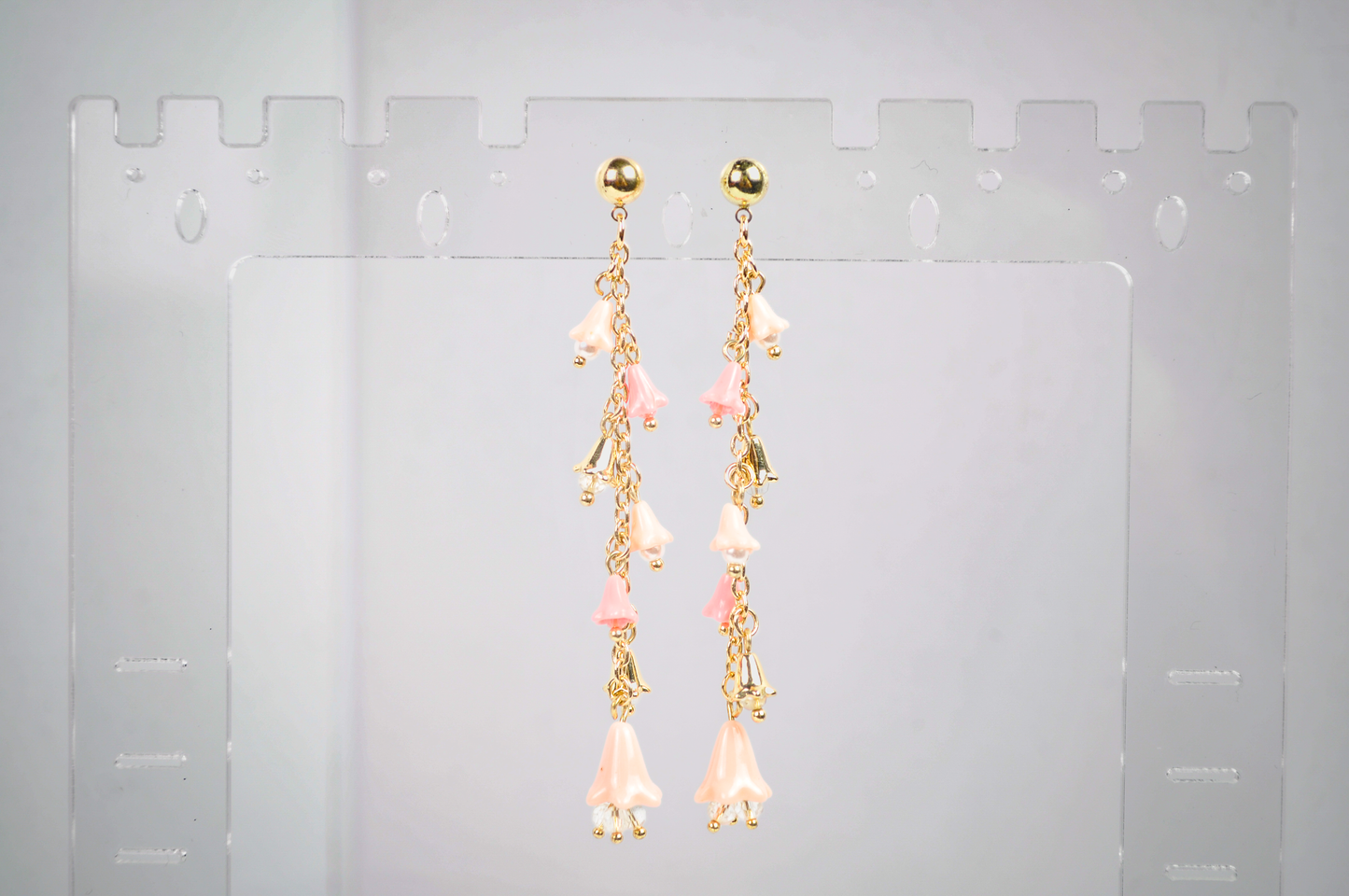 Cascading Floral Bell Drop Gold-Toned Earrings - Pink Bell Drop Long Dangle Earrings