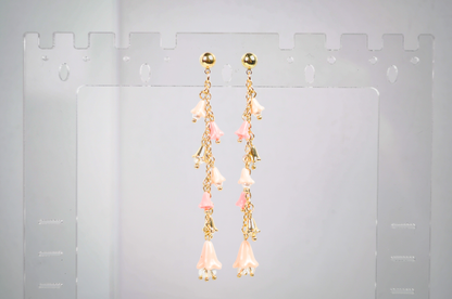 Cascading Floral Bell Drop Gold-Toned Earrings - Pink Bell Drop Long Dangle Earrings