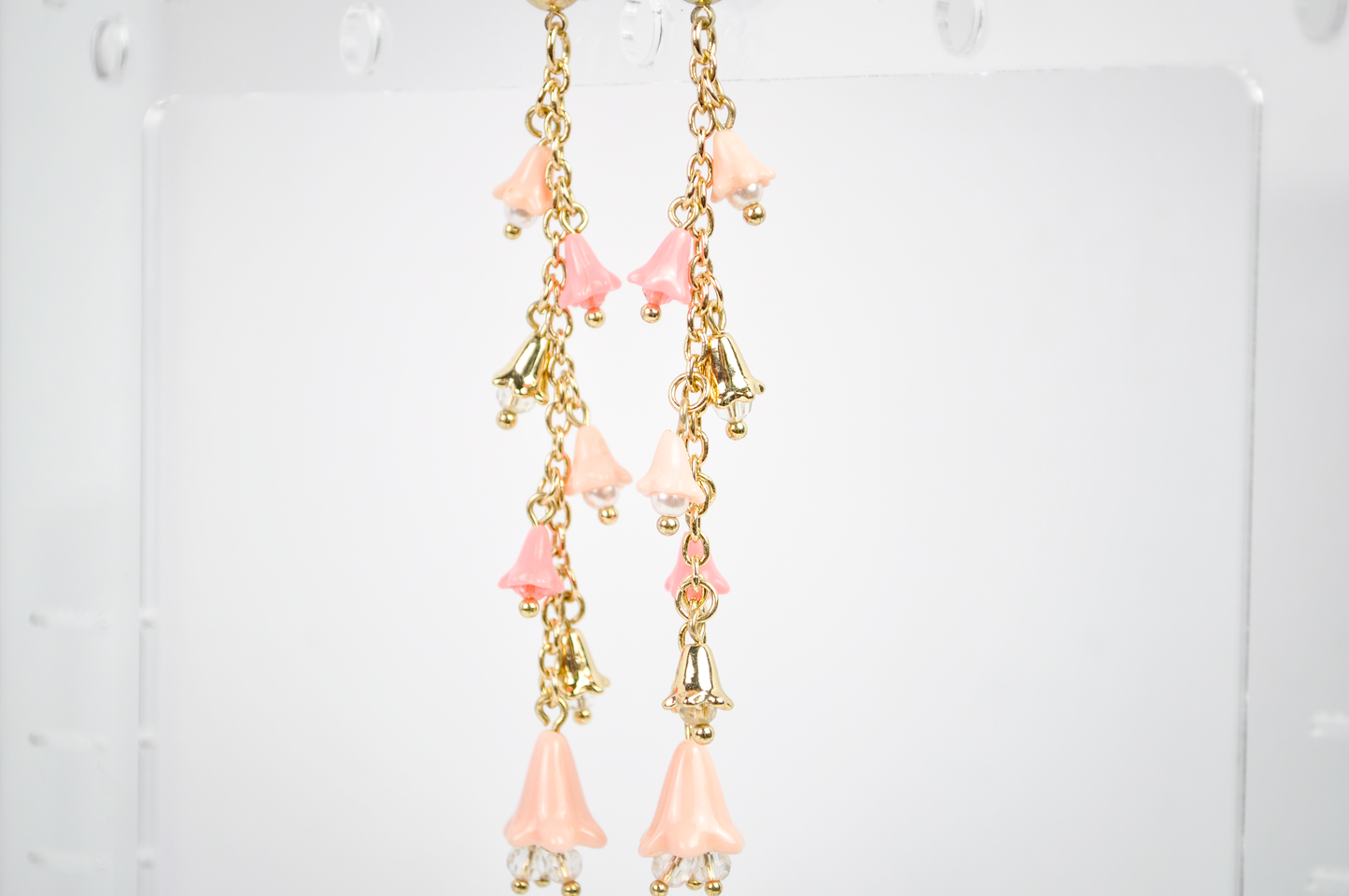 Cascading Floral Bell Drop Gold-Toned Earrings - Pink Bell Drop Long Dangle Earrings