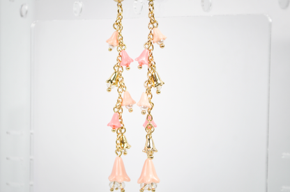 Cascading Floral Bell Drop Gold-Toned Earrings - Pink Bell Drop Long Dangle Earrings
