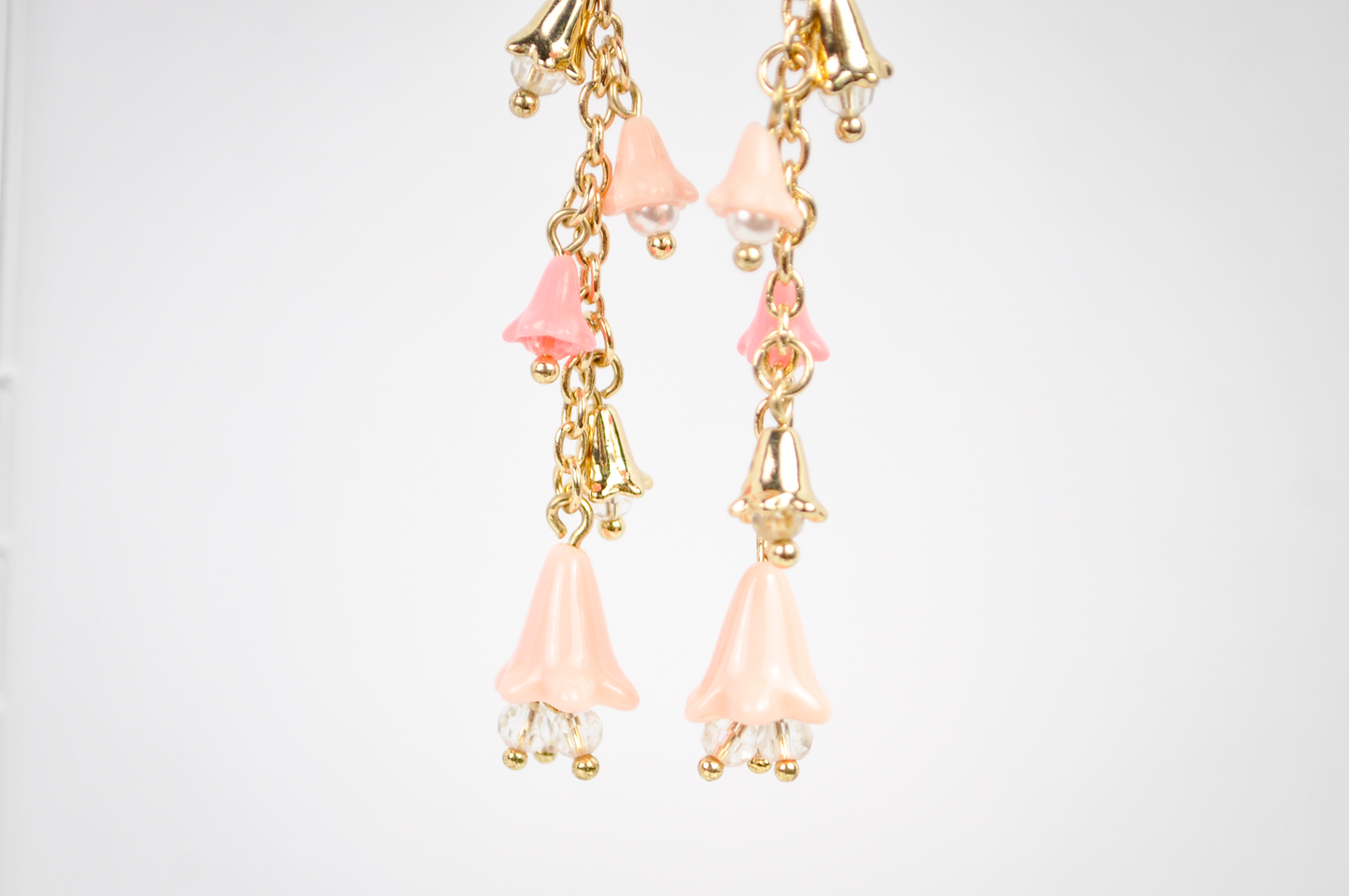 Cascading Floral Bell Drop Gold-Toned Earrings - Pink Bell Drop Long Dangle Earrings
