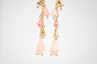 Cascading Floral Bell Drop Gold-Toned Earrings - Pink Bell Drop Long Dangle Earrings
