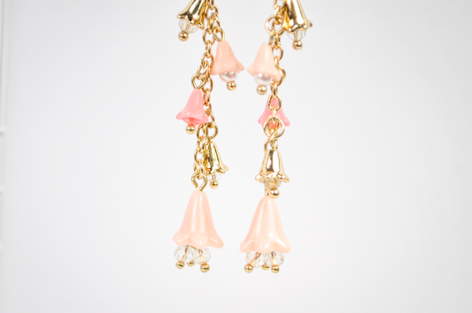 Cascading Floral Bell Drop Gold-Toned Earrings - Pink Bell Drop Long Dangle Earrings