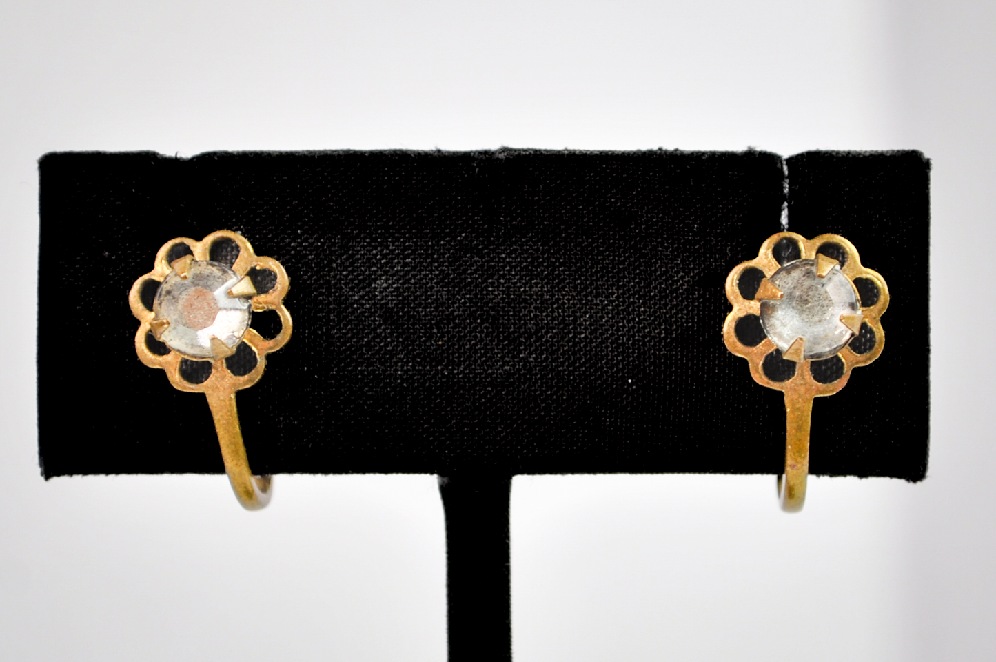 Antique Gold-Toned Flower Cluster Screw Back Earrings - Dainty Gold Clear Rhinestone Flower Statement Studs