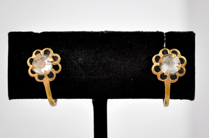 Antique Gold-Toned Flower Cluster Screw Back Earrings - Dainty Gold Clear Rhinestone Flower Statement Studs