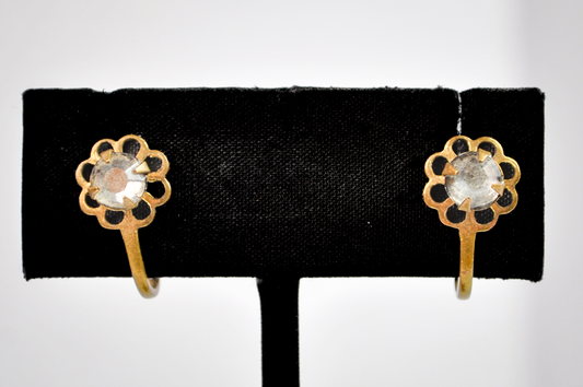 Antique Gold-Toned Flower Cluster Screw Back Earrings - Dainty Gold Clear Rhinestone Flower Statement Studs