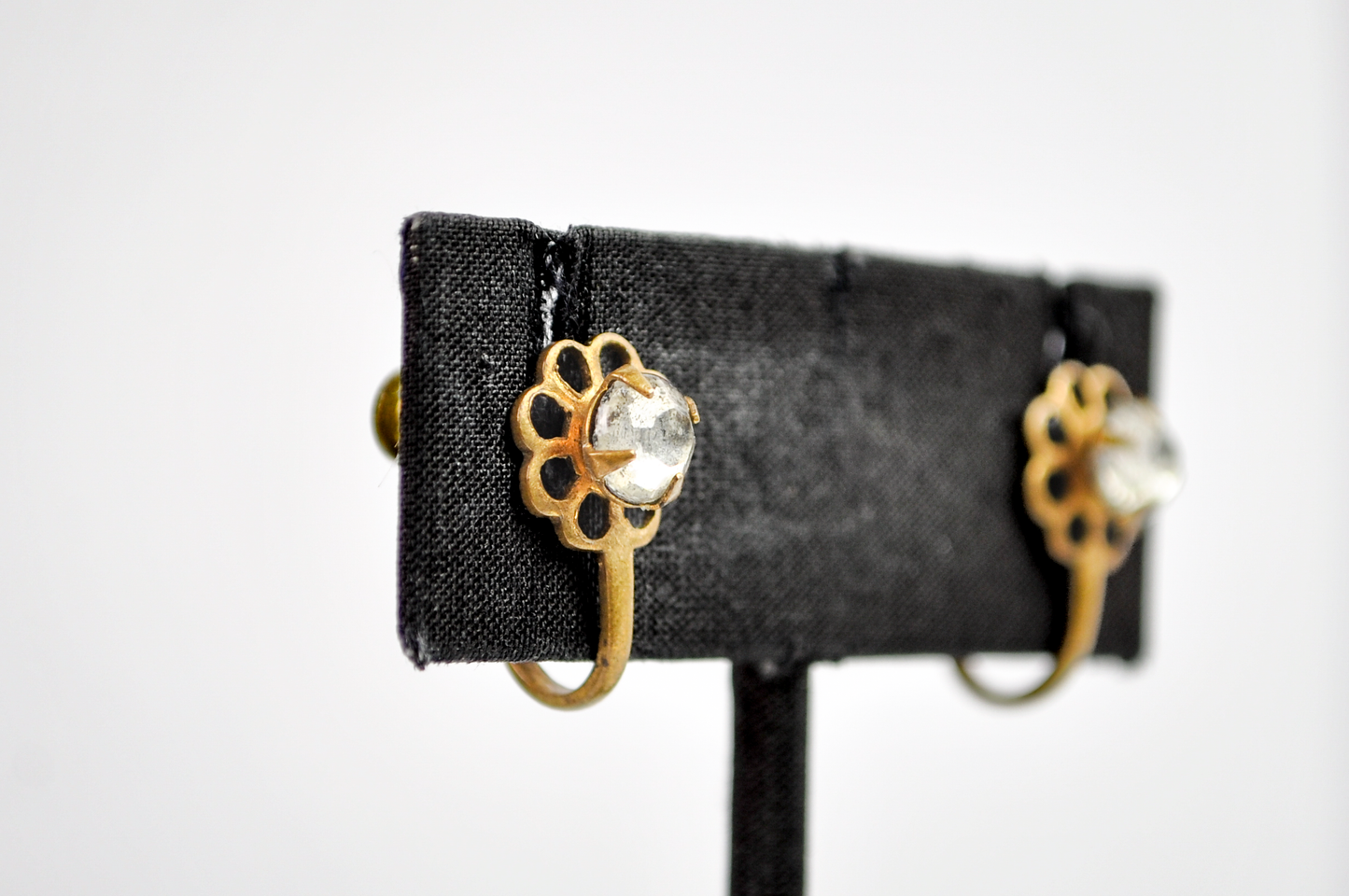 Antique Gold-Toned Flower Cluster Screw Back Earrings - Dainty Gold Clear Rhinestone Flower Statement Studs