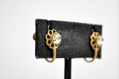 Antique Gold-Toned Flower Cluster Screw Back Earrings - Dainty Gold Clear Rhinestone Flower Statement Studs