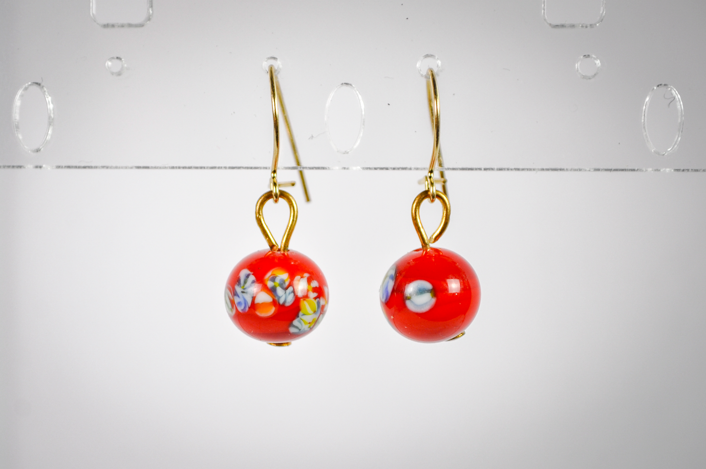 Vintage Dainty Red Abstract Floral Glass Bead Dangle Gold-Toned Earrings - Red Murrine Glass Bead Gold Dangles